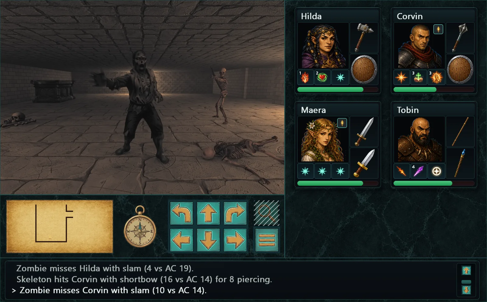 A zombie and a skeleton archer attack the party in a crypt, among a sarcophagus and old bones