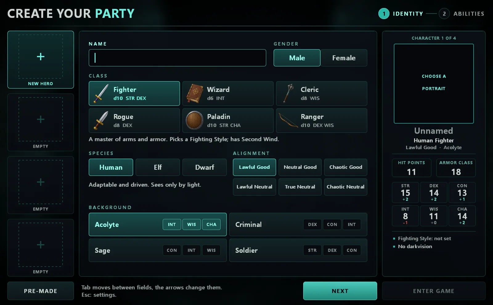 The party creation screen