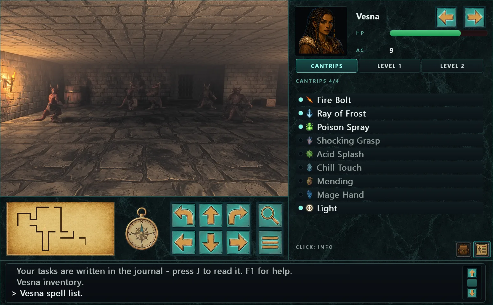 A wizard's list of spells, kobolds crowding the corridor ahead